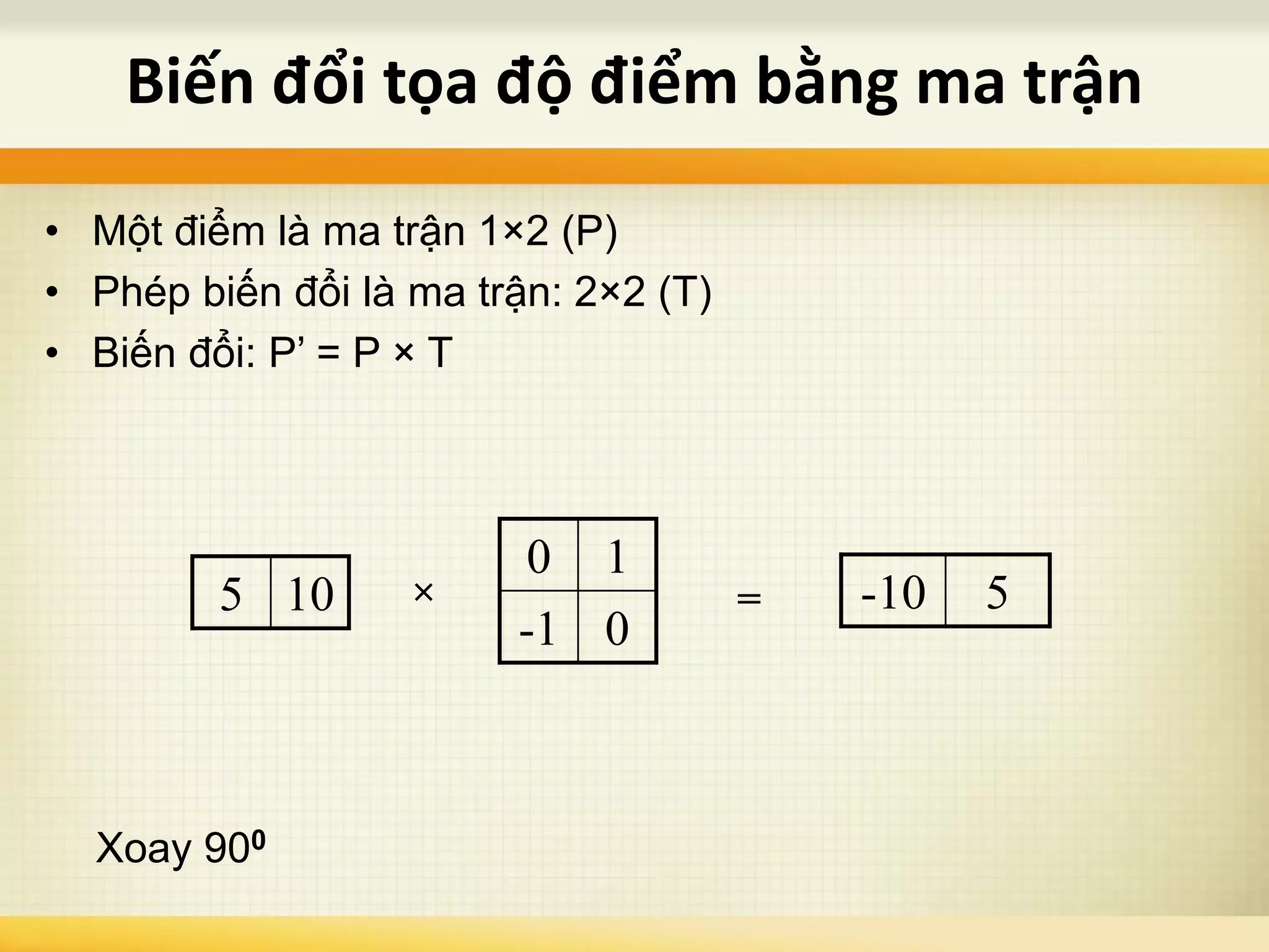 Biến đổi tọa độ điểm bằng ma trận
• Một điểm là ma trận 1×2 (P)
• Phép biến đổi là ma trận: 2×2 (T)
• Biến đổi: P’ = P × T
Xoay 900
5 10
0 1
-1 0
× -10 5=
 