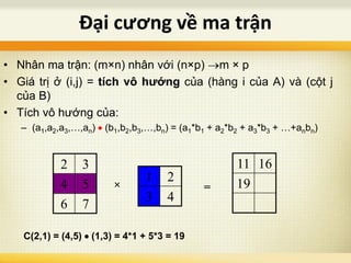 Đại cương về ma trận
• Nhân ma trận: (m×n) nhân với (n×p) m × p
• Giá trị ở (i,j) = tích vô hướng của (hàng i của A) và (cột j
của B)
• Tích vô hướng của:
– (a1,a2,a3,…,an)  (b1,b2,b3,…,bn) = (a1*b1 + a2*b2 + a3*b3 + …+anbn)
C(2,1) = (4,5)  (1,3) = 4*1 + 5*3 = 19
2 3
4 5
6 7
1 2
3 4
×
11 16
19=
 
