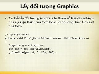 • Có thể lấy đối tượng Graphics từ tham số PaintEventArgs
của sự kiện Paint của form hoặc từ phương thức OnPaint
của form.
// Sự kiện Paint
private void Form1_Paint(object sender, PaintEventArgs e)
{
Graphics g = e.Graphics;
Pen pen = new Pen(Color.Red);
g.DrawLine(pen, 0, 0, 200, 200);
}
Lấy đối tượng Graphics
 
