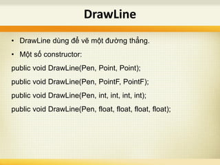 • DrawLine dùng để vẽ một đường thẳng.
• Một số constructor:
public void DrawLine(Pen, Point, Point);
public void DrawLine(Pen, PointF, PointF);
public void DrawLine(Pen, int, int, int, int);
public void DrawLine(Pen, float, float, float, float);
DrawLine
 