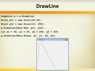 DrawLine
Graphics g = e.Graphics;
Point pt1 = new Point(20,20);
Point pt2 = new Point(10, 200);
g.DrawLine(Pens.Red, pt1, pt2);
int x1 = 40, y1 = 20, x2 = 200, y2 = 300;
g.DrawLine(Pens.Black, x1, y1, x2, y2);
 