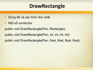 • Dùng để vẽ các hình chữ nhật
• Một số construtor
public void DrawRectangle(Pen, Rectangle);
public void DrawRectangle(Pen, int, int, int, int);
public void DrawRectangle(Pen, float, float, float, float);
DrawRectangle
 