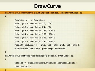 private void DrawCurve_Paint(object sender, PaintEventArgs e)
{
Graphics g = e.Graphics;
Point pt1 = new Point(10, 10);
Point pt2 = new Point(24, 75);
Point pt3 = new Point(189, 100);
Point pt4 = new Point(100, 280);
Point pt5 = new Point(120, 190);
Point pt6 = new Point(140, 230);
Point[] ptsArray = { pt1, pt2, pt3, pt4, pt5, pt6 };
g.DrawCurve(Pens.Red, ptsArray, tension);
}
private void button1_Click(object sender, EventArgs e)
{
tension = (float)Convert.ToDouble(textBox1.Text);
Invalidate();
}
DrawCurve
 