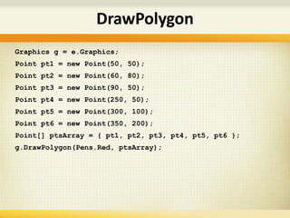 Graphics g = e.Graphics;
Point pt1 = new Point(50, 50);
Point pt2 = new Point(60, 80);
Point pt3 = new Point(90, 50);
Point pt4 = new Point(250, 50);
Point pt5 = new Point(300, 100);
Point pt6 = new Point(350, 200);
Point[] ptsArray = { pt1, pt2, pt3, pt4, pt5, pt6 };
g.DrawPolygon(Pens.Red, ptsArray);
DrawPolygon
 