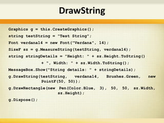 Graphics g = this.CreateGraphics();
string testString = "Test String";
Font verdana14 = new Font("Verdana", 14);
SizeF sz = g.MeasureString(testString, verdana14);
string stringDetails = "Height: " + sz.Height.ToString()
+ ", Width: " + sz.Width.ToString();
MessageBox.Show("String details: " + stringDetails);
g.DrawString(testString, verdana14, Brushes.Green, new
PointF(50, 50));
g.DrawRectangle(new Pen(Color.Blue, 3), 50, 50, sz.Width,
sz.Height);
g.Dispose();
DrawString
 