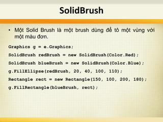 • Một Solid Brush là một brush dùng để tô một vùng với
một màu đơn.
Graphics g = e.Graphics;
SolidBrush redBrush = new SolidBrush(Color.Red);
SolidBrush blueBrush = new SolidBrush(Color.Blue);
g.FillEllipse(redBrush, 20, 40, 100, 110);
Rectangle rect = new Rectangle(150, 100, 200, 180);
g.FillRectangle(blueBrush, rect);
SolidBrush
 