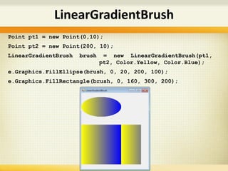 Point pt1 = new Point(0,10);
Point pt2 = new Point(200, 10);
LinearGradientBrush brush = new LinearGradientBrush(pt1,
pt2, Color.Yellow, Color.Blue);
e.Graphics.FillEllipse(brush, 0, 20, 200, 100);
e.Graphics.FillRectangle(brush, 0, 160, 300, 200);
LinearGradientBrush
 