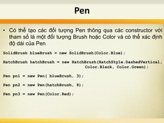 • Có thể tạo các đối tượng Pen thông qua các constructor với
tham số là một đối tượng Brush hoặc Color và có thể xác định
độ dài của Pen
SolidBrush blueBrush = new SolidBrush(Color.Blue);
HatchBrush hatchBrush = new HatchBrush(HatchStyle.DashedVertical,
Color.Black, Color.Green);
Pen pn1 = new Pen( blueBrush, 3);
Pen pn2 = new Pen(hatchBrush, 8);
Pen pn3 = new Pen(Color.Red);
Pen
 