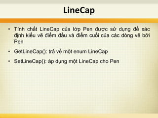 • Tính chất LineCap của lớp Pen được sử dụng để xác
định kiểu vẽ điểm đầu và điểm cuối của các dòng vẽ bởi
Pen
• GetLineCap(): trả về một enum LineCap
• SetLineCap(): áp dụng một LineCap cho Pen
LineCap
 