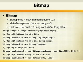 • Bitmap
 Bitmap bmp = new Bitmap(filename, …)
 MakeTransparent: đặt màu trong suốt.
 GetPixel, SetPixel: vẽ bằng cách chấm từng điểm!
Image image = Image.FromFile("myImage.bmp");
// Tạo một bitmap từ một file
Bitmap bitmap1 = new Bitmap("myImage.bmp);
// Tạo một bitmap từ một đối tượng Image
Bitmap bitmap2 = new Bitmap(image);
// Tạo mộ bitmap với size
Bitmap curBitmap3 = new Bitmap(curImage, new Size(200, 100) );
// Tạo một bitmap không có dữ liệu ảnh
Bitmap curBitmap4 = new Bitmap(200, 100);
Bitmap
 