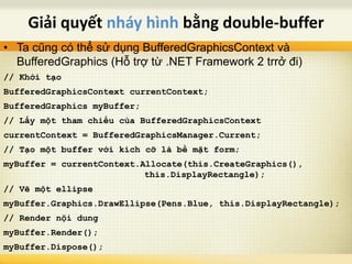 • Ta cũng có thể sử dụng BufferedGraphicsContext và
BufferedGraphics (Hỗ trợ từ .NET Framework 2 trrở đi)
// Khởi tạo
BufferedGraphicsContext currentContext;
BufferedGraphics myBuffer;
// Lấy một tham chiếu của BufferedGraphicsContext
currentContext = BufferedGraphicsManager.Current;
// Tạo một buffer với kích cỡ là bề mặt form;
myBuffer = currentContext.Allocate(this.CreateGraphics(),
this.DisplayRectangle);
// Vẽ một ellipse
myBuffer.Graphics.DrawEllipse(Pens.Blue, this.DisplayRectangle);
// Render nội dung
myBuffer.Render();
myBuffer.Dispose();
Giải quyết nháy hình bằng double-buffer
 
