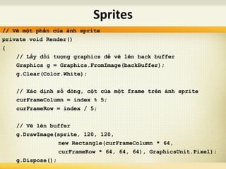 // Vẽ một phần của ảnh sprite
private void Render()
{
// Lấy đối tượng graphics để vẽ lên back buffer
Graphics g = Graphics.FromImage(backBuffer);
g.Clear(Color.White);
// Xác dịnh số dòng, cột của một frame trên ảnh sprite
curFrameColumn = index % 5;
curFrameRow = index / 5;
// Vẽ lên buffer
g.DrawImage(sprite, 120, 120,
new Rectangle(curFrameColumn * 64,
curFrameRow * 64, 64, 64), GraphicsUnit.Pixel);
g.Dispose();
Sprites
 