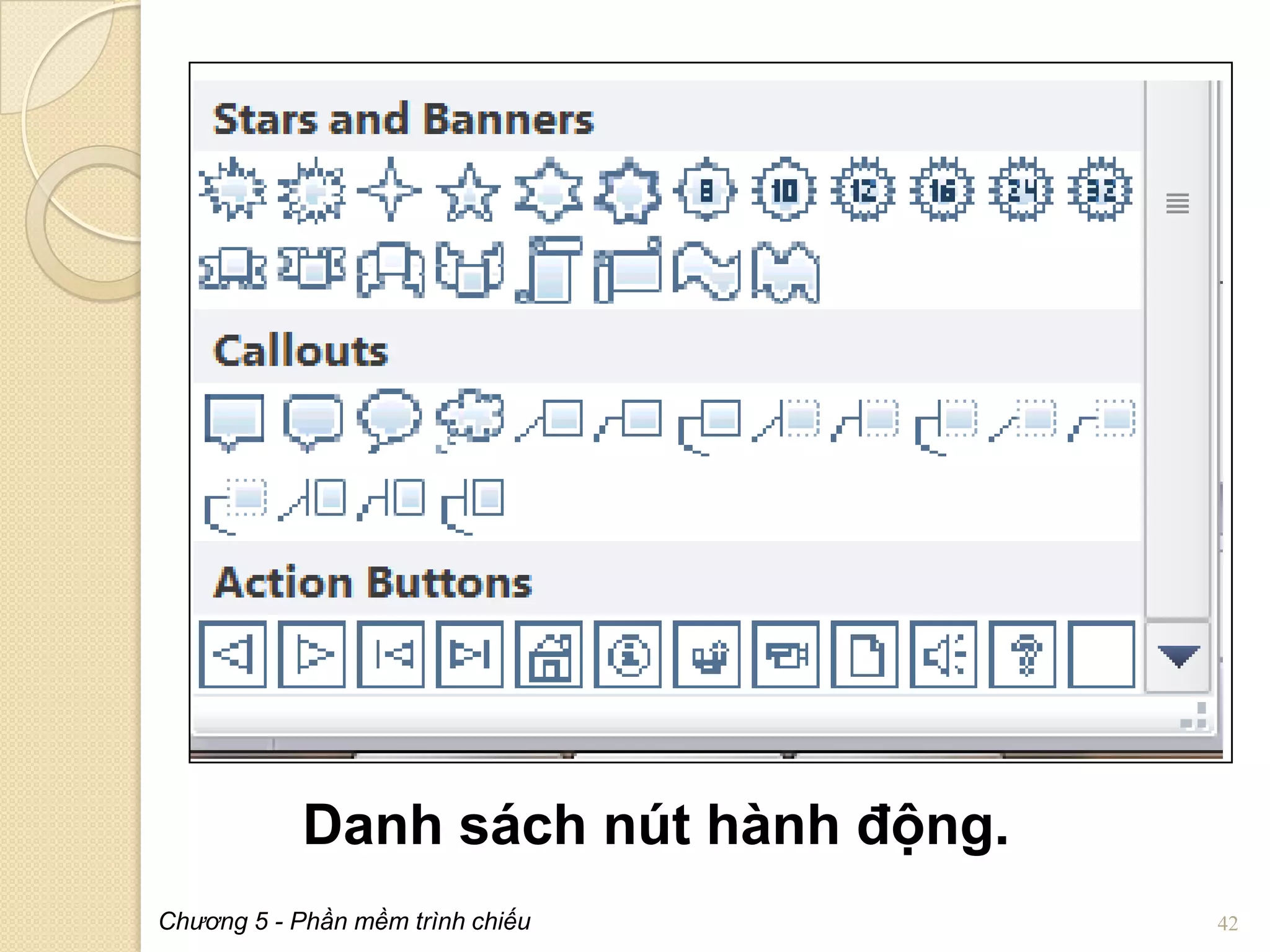 Danh sách nút hành động.
Chương 5 - Phần mềm trình chiếu

42

 