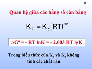 38
( ) n
cP RTKK
∆
=
Quan hệ giữa các hằng số cân bằng
∆G0
= - RT lnK = - 2.003 RT lgK
Trong biểu thức của Kp và Kc không
tính các chất rắn
 