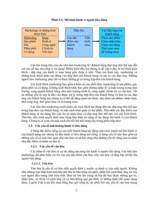 Hình 5.1: Mô hình hành vi người tiêu dùng


  Marketing và những kích                 Hộp đen               Các đáp ứng của
        thích khác                                                 khách hàng
 Marketing     Khác                 Các đặc         Tiến        Chọn sản phNm
 Sản phNm      Kinh tế              điểm của        trình       Chọn nhãn hiệu
 Giá           Công nghệ            khách           mua         Chọn cửa hàng
 Phân phối     Chính trị            hàng                        Thời gian mua
 Cổ động       Văn hóa                                          Số lượng mua



        Câu hỏi trung tâm của các nhà làm marketing là : Khách hàng đáp ứng như thế nào đối
với các nỗ lực mà công ty sử dụng? Điểm khởi đầu mà chúng ta đề cập ở đây là mô hình kích
thích - đáp ứng của hành vi mua hàng giới thiệu ở trên. Theo mô hình này, marketing và
những kích thích khác tác động vào hộp đen của khách hàng và tạo ra các đáp ứng. Những
người làm marketing phải chỉ ra được những gì có trong hộp đen của khách hàng.
       Các kích thích marketing bao gồm 4 biến số của phối thức marketing là sản phNm, giá,
phân phối và cổ động. N hững kích thích khác bao gồm những nhân tố và hiện tượng trong môi
trường xung quanh khách hàng như môi trường kinh tế, công nghệ, chính trị và văn hóa. Tất
cả những yếu tố này là đầu vào được xử lý trong hộp đen của khách hàng và đưa ra các đáp
ứng của khách hàng mà chúng ta có thể dễ dàng quan sát được: lựa chọn sản phNm, nhãn hiệu,
nhà cung ứng, thời gian mua và số lượng mua.
       Các nhà làm marketing muốn hiểu các kích thích tác động đến các đáp ứng như thế nào
trong hộp đen của khách hàng và một cách khái quát có hai phần, Thứ nhất các đặc điểm của
khách hàng sẽ tác động lên việc họ sẽ nhận thức và đáp ứng như thế nào với các kích thích.
Thứ hai, tiến trình quyết định mua hàng bản thân nó cũng sẽ tác động lên hành vi của khách
hàng. Chúng ta sẽ xem xét một cách chi tiết hai nội dung này trong phần tiếp theo.
     1.2. Các yếu tố ảnh hưởng hành vi tiêu dùng
       N hững đặc điểm riêng có của mỗi khách hàng tác động một cách mạnh mẽ đến hành vi
của khách hàng nói chung và đến hành vi tiêu dùng nói riêng. N hững yếu tố này bao gồm cả
những yếu tố có tính bao quát như văn hóa và xã hội cũng như những yếu tố riêng của cá nhân
như đặc điểm cá nhân và tâm lý.
       1.2.1. Các yếu tố văn hóa
       Các nhân tố văn hóa có sự tác động sâu rộng lên hành vi người tiêu dùng. Các nhà làm
marketing cần phải hiểu vai trò của các đặc điểm văn hóa, tiểu văn hóa và tầng lớp xã hội lên
người tiêu dùng.
        1.2.1.1. Văn hóa
       Văn hóa là yếu tố cơ bản nhất quyết định ý muốn và hành vi của một người. Không
như những loài thấp kém hơn hầu hết đều bị bản năng chi phối, phần lớn cách thức ứng xử của
con người đều mang tính hiểu biết. Đứa trẻ lớn lên trong xã hội thì học được những giá trị,
nhận thức, sở thích và cách ứng xử cơ bản thông qua gia đình và những định chế quan trọng
khác. N gười Việt N am khi mua hàng bao giờ cũng bị chi phối bởi các yếu tố văn hóa mang

                                           2
 