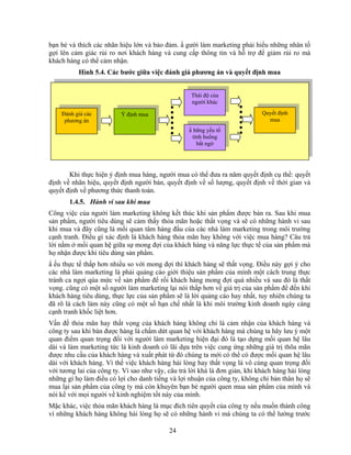 bạn bè và thích các nhãn hiệu lớn và bảo đảm. N gười làm marketing phải hiểu những nhân tố
gợi lên cảm giác rủi ro nơi khách hàng và cung cấp thông tin và hỗ trợ để giảm rủi ro mà
khách hàng có thể cảm nhận.
          Hình 5.4. Các bước giữa việc đánh giá phương án và quyết định mua


                                                   Thái độ của
                                                   người khác

    Đánh giá các          Ý định mua                                         Quyết định
     phương án                                                                 mua
                                                  N hững yếu tố
                                                    tình huống
                                                      bất ngờ




       Khi thực hiện ý định mua hàng, người mua có thể đưa ra năm quyết định cụ thể: quyết
định về nhãn hiệu, quyết định người bán, quyết định về số lượng, quyết định về thời gian và
quyết định về phương thức thanh toán.
       1.4.5. Hành vi sau khi mua
Công việc của người làm marketing không kết thúc khi sản phNm được bán ra. Sau khi mua
sản phNm, người tiêu dùng sẽ cảm thấy thỏa mãn hoặc thất vọng và sẽ có những hành vi sau
khi mua và đây cũng là mối quan tâm hàng đầu của các nhà làm marketing trong môi trường
cạnh tranh. Điều gì xác định là khách hàng thỏa mãn hay không với việc mua hàng? Câu trả
lời nằm ở mối quan hệ giữa sự mong đợi của khách hàng và năng lực thực tế của sản phNm mà
họ nhận được khi tiêu dùng sản phNm.
N ếu thực tế thấp hơn nhiều so với mong đợi thì khách hàng sẽ thất vọng. Điều này gợi ý cho
các nhà làm marketing là phải quảng cáo giới thiệu sản phNm của mình một cách trung thực
tránh ca ngợi qúa mức về sản phNm để rồi khách hàng mong đợi quá nhiều và sau đó là thất
vọng. cũng có một số người làm marketing lại nói thấp hơn về giá trị của sản phNm để đến khi
khách hàng tiêu dùng, thực lực của sản phNm sẽ là lời quảng cáo hay nhất, tuy nhiên chúng ta
đã rõ là cách làm này cũng có một số hạn chế nhất là khi môi trường kinh doanh ngày càng
cạnh tranh khốc liệt hơn.
Vấn đề thỏa mãn hay thất vọng của khách hàng không chỉ là cảm nhận của khách hàng và
công ty sau khi bán được hàng là chấm dứt quan hệ với khách hàng mà chúng ta hãy lưu ý một
quan điểm quan trọng đối với người làm marketing hiện đại đó là tạo dựng mối quan hệ lâu
dài và làm marketing tức là kinh doanh có lãi dựa trên việc cung ứng những giá trị thõa mãn
được nhu cầu của khách hàng và xuất phát từ đó chúng ta mới có thể có được mối quan hệ lâu
dài với khách hàng. Vì thế việc khách hàng hài lòng hay thất vọng là vô cùng quan trọng đối
với tương lai của công ty. Vì sao như vậy, câu trả lời khá là đơn giản, khi khách hàng hài lòng
những gì họ làm điều có lợi cho danh tiếng và lợi nhuận của công ty, không chỉ bản thân họ sẽ
mua lại sản phNm của công ty mà còn khuyên bạn bè người quen mua sản phNm của mình và
nói kể với mọi người về kinh nghiệm tốt này của mình.
Mặc khác, việc thỏa mãn khách hàng là mục đích tiên quyết của công ty nếu muốn thành công
vì những khách hàng không hài lòng họ sẽ có những hành vi mà chúng ta có thể lường trước

                                           24
 