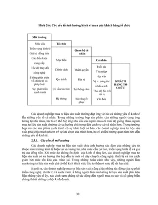 Hình 5.6: Các yếu tố ảnh hưởng hành vi mua của khách hàng tổ chức


        Môi trường

          Mức cầu            Tổ chức
      Triển vọng kinh tế
                                            Quan hệ cá
      Giá trị đồng tiền                        nhân
       Các điều kiện
                             Mục tiêu                        Cá nhân
          cung cấp
       Tốc độ thay đổi                                        Tuổi tác
                            Chính sách      ThNm quyền
         công nghệ                                           Thu nhập

      N hững phát triển                                       Học vấn
                             Qui trình         Địa vị
       về chính trị và                                     Vị trí công tác    KHÁCH
          pháp luật                                                          HÀNG TỔ
                                                            N hân cách
        Sự phát triển      Cơ cấu tổ chức   Sự thông cảm                      CHỨC
         cạnh tranh                                        Thái độ đối với
                                                                rủi ro
                             Hệ thống        Sức thuyết       Văn hóa
                                               phục



       Các doanh nghiệp mua tư liệu sản xuất thường đáp ứng với tất cả những yếu tố kinh tế
lẫn những yếu tố cá nhân. Trong những trường hợp sản phNm của những người cung ứng
tương tự như nhau, tức là có thể đáp ứng nhu cầu của người mua ởí mức độ giống nhau, người
mua tư liệu sản xuất thường có xu hướng chú trọng đến cách cư xử cá nhân hơn. Trong trường
hợp mà các sản phNm cạnh tranh có sự khác biệt cơ bản, các doanh nghiệp mua tư liệu sản
xuất phải chịu trách nhiệm về sự lựa chọn của mình hơn, họ có chiều hướng quan tâm hơn đến
những yếu tố kinh tế.
       2.5.1. Các yếu tố môi trường
        Các doanh nghiệp mua tư liệu sản xuất chịu ảnh hưởng sâu đậm của những yếu tố
thuộc môi trường kinh tế hiện tại và tương lai, như mức cầu cơ bản, triển vọng kinh tế và giá
trị của đồng tiền. Khi mức độ không ổn định của kinh tế tăng lên, các doanh nghiệp mua tư
liệu sản xuất có xu hướng thu hẹp đầu tư mới về dây chuyền công nghệ, thiết bị và tìm cách
giảm bớt mức tồn kho của mình lại. Trong những hoàn cảnh như vậy, những người làm
marketing tư liệu sản xuất chỉ có thể kích thích việc đầu tư thêm ở mức độ rất hạn chế.
        N goài ra, các doanh nghiệp mua tư liệu sản xuất cũng chịu những tác động của sự phát
triển công nghệ, chính trị và cạnh tranh. N hững người làm marketing tư liệu sản xuất phải tiên
liệu những yếu tố ấy, xác định xem chúng sẽ tác động đến người mua ra sao và cố gắng biến
chúng thành những cơ hội kinh doanh.



                                             30
 