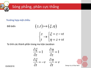 Sóng phẳng, phân cực thẳng
03/09/2018 Design by Lê Đại Nam
Trường hợp một chiều
Đổi biến    , ,z t  
z z vt
t z vt


  
 
  
Ta tính các thành phần trong ma trận Jacobian
1 1
z z
v v
t t
 
 
 
 
 
 
  
 
 