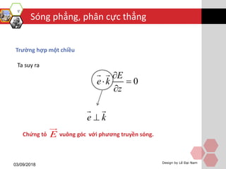 Sóng phẳng, phân cực thẳng
03/09/2018 Design by Lê Đại Nam
Trường hợp một chiều
Ta suy ra
0
E
e k
z

 

e k
Chứng tỏ vuông góc với phương truyền sóng.E
 