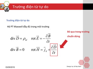 Trường điện từ tự do
03/09/2018 Design by Lê Đại Nam
Trường điện từ tự do
Hệ PT Maxwell đầy đủ trong môi trường
div rot
div 0 rot
td
d
D
D
B
B
E
t
H j
t


 



 


Bỏ qua trong trường
chuẩn dừng
 