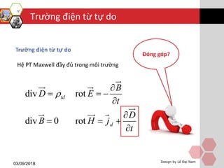 Trường điện từ tự do
03/09/2018 Design by Lê Đại Nam
Trường điện từ tự do
Hệ PT Maxwell đầy đủ trong môi trường
div rot
div 0 rot
td
d
D
D
B
B
E
t
H j
t


 



 


Đóng góp?
 