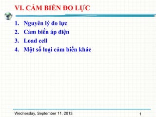 Wednesday, September 11, 2013 1
VI. CẢM BIẾN ĐO LỰC
1. Nguyên lý đo lực
2. Cảm biến áp điện
3. Load cell
4. Một số loại cảm biến khác
 