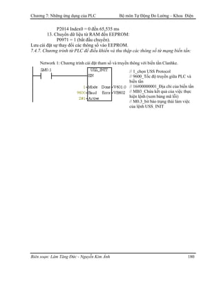 Chương 7: Những ứng dụng của PLC Bộ môn Tự Động Đo Lường – Khoa Điện
P2014 Index0 = 0 đến 65,535 ms
13. Chuyển dữ liệu từ RAM đến EEPROM:
P0971 = 1 (bắt đầu chuyển).
Lưu cài đặt sự thay đổi các thông số vào EEPROM.
7.4.7. Chương trình từ PLC để điều khiển và thu thập các thông số từ mạng biến tần:
Network 1: Chương trình cài đặt tham số và truyền thông với biến tần Clanhke.
// 1_chọn USS Protocol
// 9600_Tốc độ truyền giữa PLC và
biến tần
// 16#00000001_Địa chỉ của biến tần
// MB3_Chứa kết quả của việc thực
hiện lệnh (xem bảng mã lỗi)
// M0.3_bit báo trạng thái làm việc
của lệnh USS_INIT
Biên soạn: Lâm Tăng Đức - Nguyễn Kim Ánh 180
 