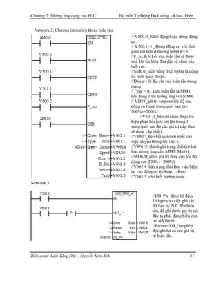 Chương 7: Những ứng dụng của PLC Bộ môn Tự Động Đo Lường – Khoa Điện
Network 2: Chương trình điều khiển biến tần.
// V500.0_Khởi động hoặc dừng động
cơ.
// V500.1=1 _Dừng động cơ với thời
gian lâu hơn ở trường hợp OFF3.
//F_ACKN Lỗi của biến tần sẽ được
xoá khi tín hiệu đưa đến từ chân này
tích cực.
//SM0.0_luôn bằng 0 có nghĩa là động
cơ luôn quay thuận.
//Drive = 0, địa chỉ của biến tần trong
mạng.
//Type = 0, kiểu biến tần là MM3,
nếu bằng 1 thì tương ứng với MM4.
// VD88_giá trị setpoint tốc độ của
động cơ (nằm trong giới hạn từ -
200%÷+200%)
//V501.1_báo đã nhận được tín
hiệu phản hồi (chỉ set lên trong 1
vòng quét sau đó các giá trị tiếp theo
sẽ được cập nhật).
//VB617_báo kết quả mới nhất của
việc truyền thông tới Drive.
//VW618_thanh ghi trạng thái (có hai
loại tương ứng cho MM3, MM4).
//MD620_chứa giá trị thực của tốc độ
động cơ(-200%÷+200%).
//V601.4_báo trạng thái làm việc hiện
tại của động cơ (0-Stop, 1-Run).
//V601.5 cho biết hướng quay.
Network 3:
//DB_Ptr_dành bộ đệm
16 byte cho việc ghi các
dữ liệu từ PLC đến biến
tần, để ghi được giá trị tại
đây ta phải dùng biến con
trỏ &VB630.
//Param=009_cho phép
đọc/ghi tất cả các giá trị
từ biến tần.
Biên soạn: Lâm Tăng Đức - Nguyễn Kim Ánh 181
 