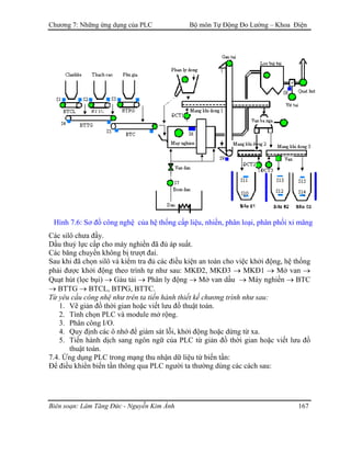 Chương 7: Những ứng dụng của PLC Bộ môn Tự Động Đo Lường – Khoa Điện
Hình 7.6: Sơ đồ công nghệ của hệ thống cấp liệu, nhiền, phân loại, phân phối xi măng
Các silô chưa đầy.
Dầu thuỷ lực cấp cho máy nghiền đã đủ áp suất.
Các băng chuyền không bị trượt đai.
Sau khi đã chọn silô và kiểm tra đủ các điều kiện an toàn cho việc khởi động, hệ thống
phải được khởi động theo trình tự như sau: MKĐ2, MKĐ3 → MKĐ1 → Mở van →
Quạt hút (lọc bụi) → Gàu tải → Phân ly động → Mở van dầu → Máy nghiền → BTC
→ BTTG → BTCL, BTPG, BTTC.
Từ yêu cầu công nhệ như trên ta tiến hành thiết kế chương trình như sau:
1. Vẽ giản đồ thời gian hoặc viết lưu đồ thuật toán.
2. Tính chọn PLC và module mở rộng.
3. Phân công I/O.
4. Quy định các ô nhớ để giám sát lỗi, khởi động hoặc dừng từ xa.
5. Tiến hành dịch sang ngôn ngữ của PLC từ giản đồ thời gian hoặc viết lưu đồ
thuật toán.
7.4. Ứng dụng PLC trong mạng thu nhận dữ liệu từ biến tần:
Để điều khiển biến tần thông qua PLC người ta thường dùng các cách sau:
Biên soạn: Lâm Tăng Đức - Nguyễn Kim Ánh 167
 