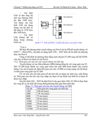 Chương 7: Những ứng dụng của PLC Bộ môn Tự Động Đo Lường – Khoa Điện
+ Các lệnh
USS sẽ làm tăng bộ
nhớ của chương trình
lên đến 3450 byte.
Tuỳ thuộc vào loại
lệnh USS mà dung
lượng của bộ nhớ có
thể tăng từ 2150 byte
đến 3450 byte.
+ Các lệnh
USS không thể sử
dụng trong chương
trình con. Hình 7.7: Kết nối PLC và biến tần theo giao thức USS
* Lưu ý:
Ðể thay đổi phương thức truyền thông của Port 0 trở lại PPI để truyền thông với
STEP 7 - Micro/Win, cần phải sử dụng lệnh USS _ INIT khác để ấn định lại phương
thức cho Port 0.
Cũng có thể định lại phương thức bằng cách chuyển S7-200 sang chế độ STOP,
việc này sẽ Reset các tham số của Port 0.
7.4.2. Thời gian yêu cầu cho việc truyền thông với biến tần:
Truyền thông với các MicroMaster (MM) không đồng bộ với vòng quét của S7-
200. S7-200 hoàn thành vài vòng quét trước khi một MM hoàn thành việc truyền
thông. Các yếu tố giúp xác định thời gian yêu cầu: số MM có trong mạng, tốc độ baud,
và thời gian vòng quét của S7-200.
Có vài loại yêu cầu thời gian trễ dài hơn khi sử dụng các lệnh truy xuất thông
số. Thời gian yêu cầu cho việc truy nhập các tham số tuỳ thuộc loại thiết bị và tham số
được truy nhập.
Sau khi lệnh USS _ INIT ấn định Port 0 cho giao thức USS, S7-200 sẽ thực hiện
hỏi vòng tất cả các biến tần trong những khoảng thời gian theo dưới đây.
Bảng 7.1: Thời gian yêu cầu cho truyền thông với MM
Tốc độ Thời gian hỏi vòng giữa các biến tần
1200 240 ms (max)
2400 130 ms (max)
4800 75 ms (max)
9600 50 ms (max)
19200 35 ms (max)
38400 30 ms (max)
57600 25 ms (max)
115200 25 ms (max)
Biên soạn: Lâm Tăng Đức - Nguyễn Kim Ánh 169
 