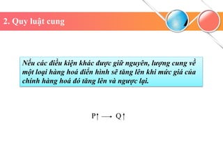 P Q
2. Quy luật cung
Nếu các điều kiện khác được giữ nguyên, lượng cung về
một loại hàng hoá điển hình sẽ tăng lên khi mức giá của
chính hàng hoá đó tăng lên và ngược lại.
 