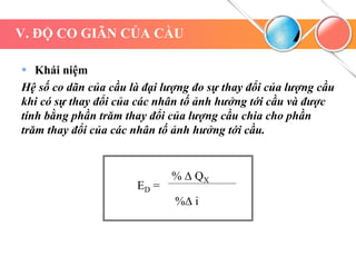 V. ĐỘ CO GIÃN CỦA CẦU
 Khái niệm
Hệ số co dãn của cầu là đại lượng đo sự thay đổi của lượng cầu
khi có sự thay đổi của các nhân tố ảnh hưởng tới cầu và được
tính bằng phần trăm thay đổi của lượng cầu chia cho phần
trăm thay đổi của các nhân tố ảnh hưởng tới cầu.
ED =
% ∆ QX
%∆ i
 