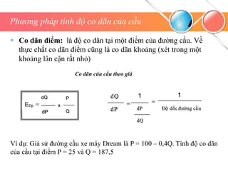 Phương pháp tính độ co dãn của cầu
 Co dãn điểm: là độ co dãn tại một điểm của đường cầu. Về
thực chất co dãn điểm cũng là co dãn khoảng (xét trong một
khoảng lân cận rất nhỏ)
Co dãn của cầu theo giá
Ví dụ: Giả sử đường cầu xe máy Dream là P = 100 – 0,4Q. Tính độ co dãn
của cầu tại điểm P = 25 và Q = 187,5
 
