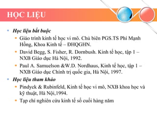 HỌC LIỆU
 Học liệu bắt buộc
 Giáo trình kinh tế học vi mô. Chủ biên PGS.TS Phí Mạnh
Hồng, Khoa Kinh tế – ĐHQGHN.
 David Begg, S. Fisher, R. Dornbush. Kinh tế học, tập 1 –
NXB Giáo dục Hà Nội, 1992.
 Paul A. Samuelson &W.D. Nordhaus, Kinh tế học, tập 1 –
NXB Giáo dục Chính trị quốc gia, Hà Nội, 1997.
 Học liệu tham khảo
 Pindyck & Rubinfeld, Kinh tế học vi mô, NXB khoa học và
kỹ thuật, Hà Nội,1994.
 Tạp chí nghiên cứu kinh tế số cuối hàng năm
 