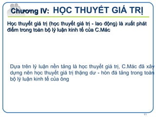 Chương IV:  HỌC THUYẾT GIÁ TRỊ Học thuyết giá trị (học thuyết giá trị - lao động) là xuất phát điểm trong toàn bộ lý luận kinh tế của C.Mác   Dựa trên lý luận nền tảng là học thuyết giá trị, C.Mác đã xây dựng nên học thuyết giá trị thặng dư - hòn đá tảng trong toàn bộ lý luận kinh tế của ông   