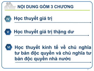 IV V VI Học thuyết giá trị Học thuyết giá trị thặng dư   Học thuyết kinh tế về chủ nghĩa tư bản độc quyền và chủ  nghĩa tư bản độc quyền nhà nước NỘI DUNG GỒM 3 CHƯƠNG 
