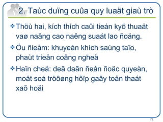 2. Taùc duïng cuûa quy luaät giaù trò Thöù hai, kích thích caûi tieán kyõ thuaät vaø naâng cao naêng suaát lao ñoäng. Öu ñieåm: khuyeán khích saùng taïo, phaùt trieån coâng ngheä Haïn cheá: deã daãn ñeán ñoäc quyeàn, moät soá tröôøng hôïp gaây toån thaát xaõ hoäi 