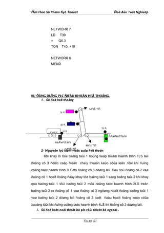 Ñaïi Hoïc Sö Phaïm Kyõ Thuaät                           Ñoà Aùn Toát Nghieäp




                    NETWORK 7
                    LD    T39
                    =     Q0.3
                    TON    T40, +10


                    NETWORK 8
                    MEND




     III/ ÖÙNG DUÏNG PLC ÑIEÀU KHIEÅN HEÄ THOÁNG.
            1- Sô ñoà heä thoáng

                                             MOÂ TÔ
                          3LS



                           4LS
                                                      2LS
                   KHAY     1LS
                                                            BAÊNGTAÛI
BAÊNGTAÛI O                                                 BANG
                        BAÊNGTAÛI
                                           MOÂ TÔ
                                 MOÂ TÔ
              2- Nguyeân lyù laøm vieäc cuûa heä thoán
               Khi khay ñi tôùi baêng taûi 1 ñoùng tieáp ñieåm haønh trình 1LS laïi

     ñoäng cô 3 ñöôïc caáp ñieän chaïy thuaän keùo cöûa leân ,tôùi khi ñuïng

     coâng taéc haønh trình 3LS thì ñoäng cô 3 döøng laïi .Sau ñoù ñoäng cô 2 vaø

     ñoäng cô 1 hoaït ñoäng ñaåy khay töø baêng taûi 1 sang baêng taûi 2 khi khay

     qua baêng taûi 1 tôùi baêng taûi 2 môû coâng taéc haønh trình 2LS treân

     baêng taûi 2 ra ñoäng cô 1 vaø ñoäng cô 2 ngöøng hoaït ñoäng baêng taûi 1

     vaø baêng taûi 2 döøng laïi ñoäng cô 3 baét ñaàu hoaït ñoäng keùo cöûa

     xuoáng tôùi khi ñuïng coâng taéc haønh trình 4LS thì ñoäng cô 3 döøng laïi.
        1. Sô ñoà keát noái thieát bò plc vôùi thieát bò ngoaøi .


                                          Trang 91
 