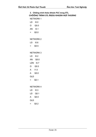 Ñaïi Hoïc Sö Phaïm Kyõ Thuaät                 Ñoà Aùn Toát Nghieäp

            2. Chöông trình ñieàu khieån PLC trong STL.
           CHÖÔNG TRÌNH STL ÑIEÀU KHIEÅN HEÄ THOÁNG
            NETWORK 1
            LD    I0.0
            O     Q0.0
            AN     I0.1
            =     Q0.0


            NETWORK 2
            LD    I0.6
            =     Q0.5


            NETWORK 3
            LD    I0.2
            AN     Q0.0
            LDN    I0.7
            O     Q0.5
            A     I1.0
            A     Q0.0
            OLD
            =     Q0.1


            NETWORK 4
            LD    I0.3
            LD    Q0.1
            A     Q0.0
            OLD
            =     Q0.2




                                Trang 94
 