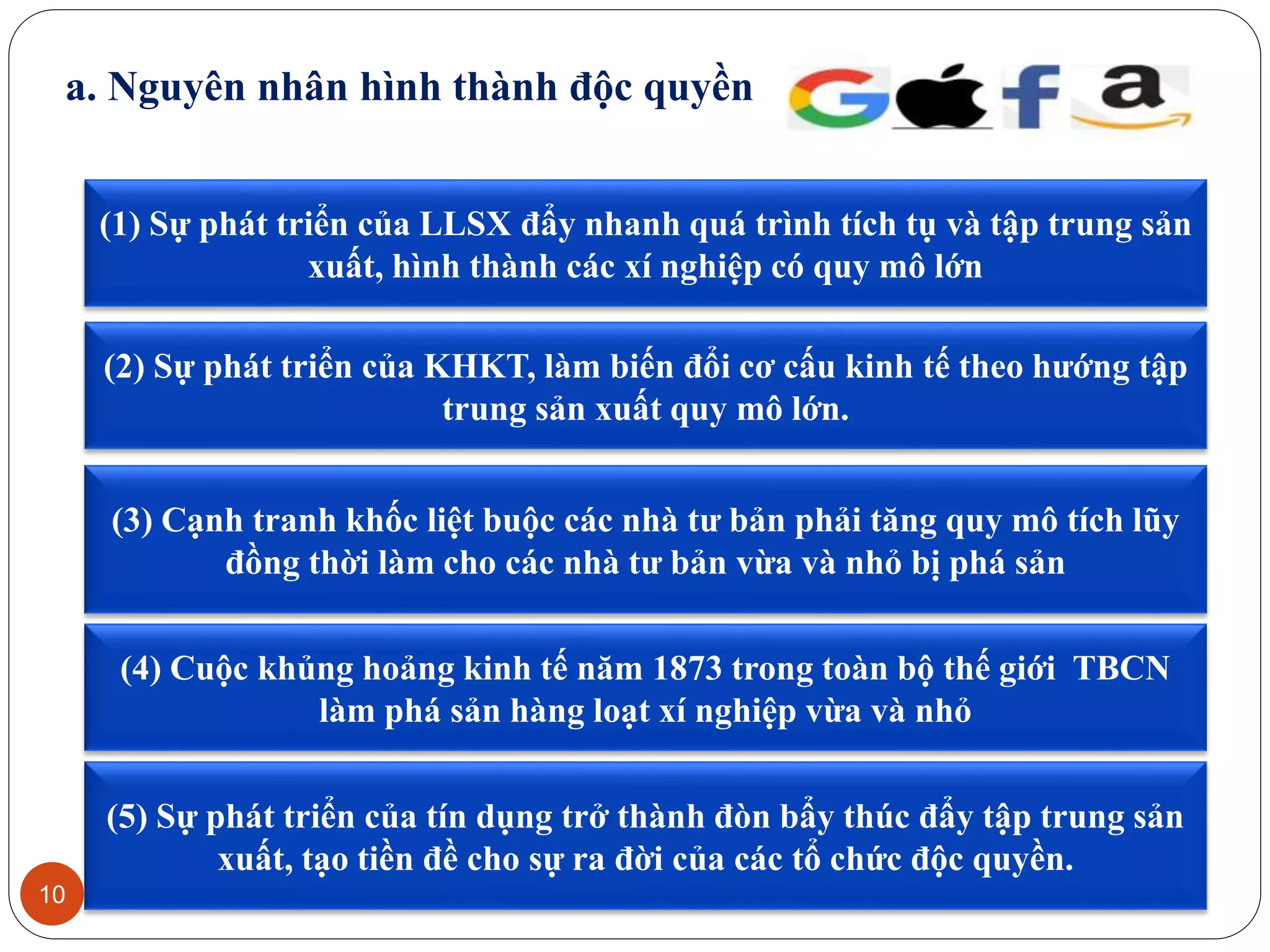10
(1) Sự phát triển của LLSX đẩy nhanh quá trình tích tụ và tập trung sản
xuất, hình thành các xí nghiệp có quy mô lớn
(2) Sự phát triển của KHKT, làm biến đổi cơ cấu kinh tế theo hướng tập
trung sản xuất quy mô lớn.
(3) Cạnh tranh khốc liệt buộc các nhà tư bản phải tăng quy mô tích lũy
đồng thời làm cho các nhà tư bản vừa và nhỏ bị phá sản
(4) Cuộc khủng hoảng kinh tế năm 1873 trong toàn bộ thế giới TBCN
làm phá sản hàng loạt xí nghiệp vừa và nhỏ
(5) Sự phát triển của tín dụng trở thành đòn bẩy thúc đẩy tập trung sản
xuất, tạo tiền đề cho sự ra đời của các tổ chức độc quyền.
a. Nguyên nhân hình thành độc quyền
 