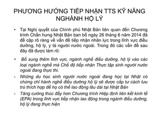 PHƯƠNG HƯỚNG TIẾP NHẬN TTS KỸ NĂNG
NGHÀNH HỘ LÝ
• Tại Nghị quyết của Chính phủ Nhật Bản liên quan đến Chương
trình Chấn hưng Nhật Bản ban bố ngày 26 tháng 6 năm 2014 đã
đề cập rõ ràng về vấn đề tiếp nhận nhân lực trong lĩnh vực điều
dưỡng, hộ lý, y tá người nước ngoài. Trong đó các vấn đề sau
đây đã được làm rõ:
- Bổ sung thêm lĩnh vực, ngành nghề điều dưỡng, hộ lý vào các
loại ngành nghề mà Chế độ tiếp nhận Thực tập sinh người nước
ngoài đang thực thi.
- Những du học sinh người nước ngoài đang học tại Nhật có
chứng chỉ hành nghề điều dưỡng hộ lý sẽ được cấp tư cách lưu
trú thích hợp để họ có thể lao động lâu dài tại Nhật Bản
- Tăng cường thúc đẩy hơn Chương trình Hiệp định liên kết kinh tế
(EPA) trong lĩnh vực tiếp nhận lao động trong ngành điều dưỡng,
hộ lý đang thực hiện
 