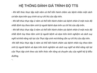HỆ THỐNG ĐÁNH GIÁ TRÌNH ĐỘ TTS
- Khi kết thúc thực tập một năm có thể tiến hành chăm sóc bệnh nhân một cách
cơ bản dựa trên quy trình và sự chỉ thị của cấp trên.
- Khi kết thúc thực tập 2 năm có thể tiến hành chăm sóc bệnh nhân ở một mức độ
nhất định tùy theo tâm sinh lý người bệnh dựa trên sự chỉ thị của cấp trên.
- Khi kết thúc thực tập 3 năm có thể tiến hành chăm sóc bệnh nhân ở một mức độ
nhất định tùy theo tâm sinh lý người bệnh và dựa trên kinh nghiệm và cách suy
nghĩ và khả năng nội tại của Thực tập sinh mà không cần sự chỉ thị của cấp trên.
-Khi kết thúc thực tập 5 năm có thể tiến hành chăm sóc bệnh nhân tùy theo tâm
sinh lý người bệnh và dựa trên kinh nghiệm và cách suy nghĩ và khả năng nội tại
của Thực tập sinh theo các kiến thức nền tảng và chuyên sâu của nghề hộ lý điều
dưỡng.
-.
 
