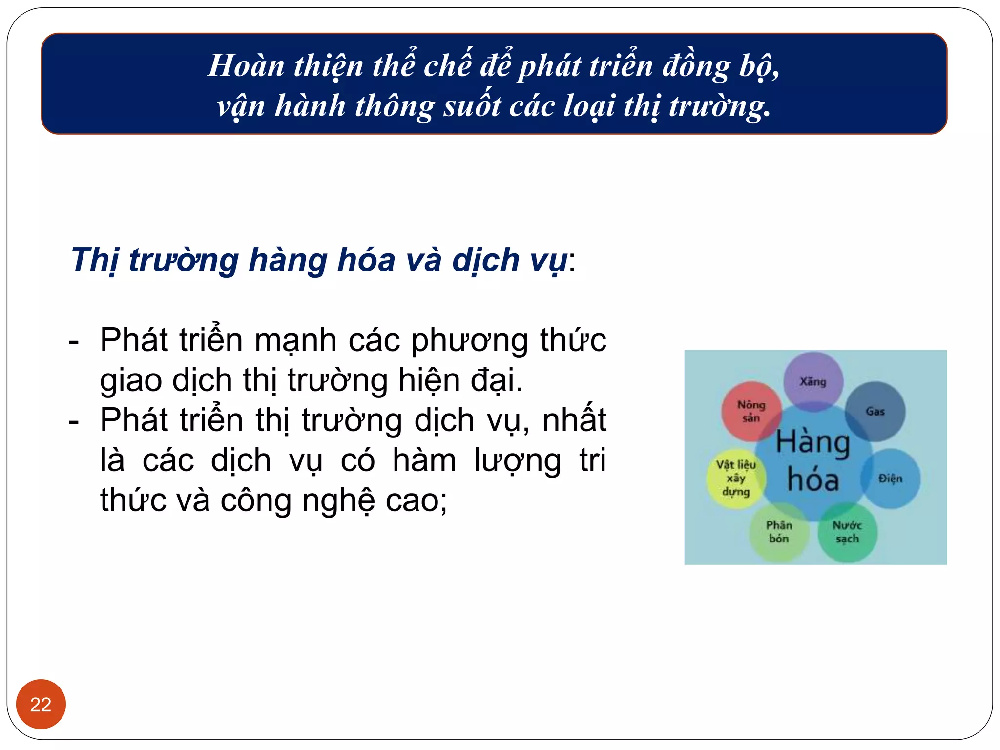 22
Hoàn thiện thể chế để phát triển đồng bộ,
vận hành thông suốt các loại thị trường.
Thị trường hàng hóa và dịch vụ:
- Phát triển mạnh các phương thức
giao dịch thị trường hiện đại.
- Phát triển thị trường dịch vụ, nhất
là các dịch vụ có hàm lượng tri
thức và công nghệ cao;
 
