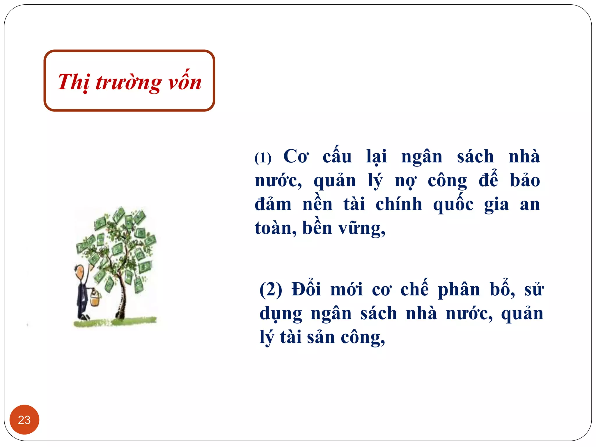 23
(1) Cơ cấu lại ngân sách nhà
nước, quản lý nợ công để bảo
đảm nền tài chính quốc gia an
toàn, bền vững,
(2) Đổi mới cơ chế phân bổ, sử
dụng ngân sách nhà nước, quản
lý tài sản công,
Thị trường vốn
 