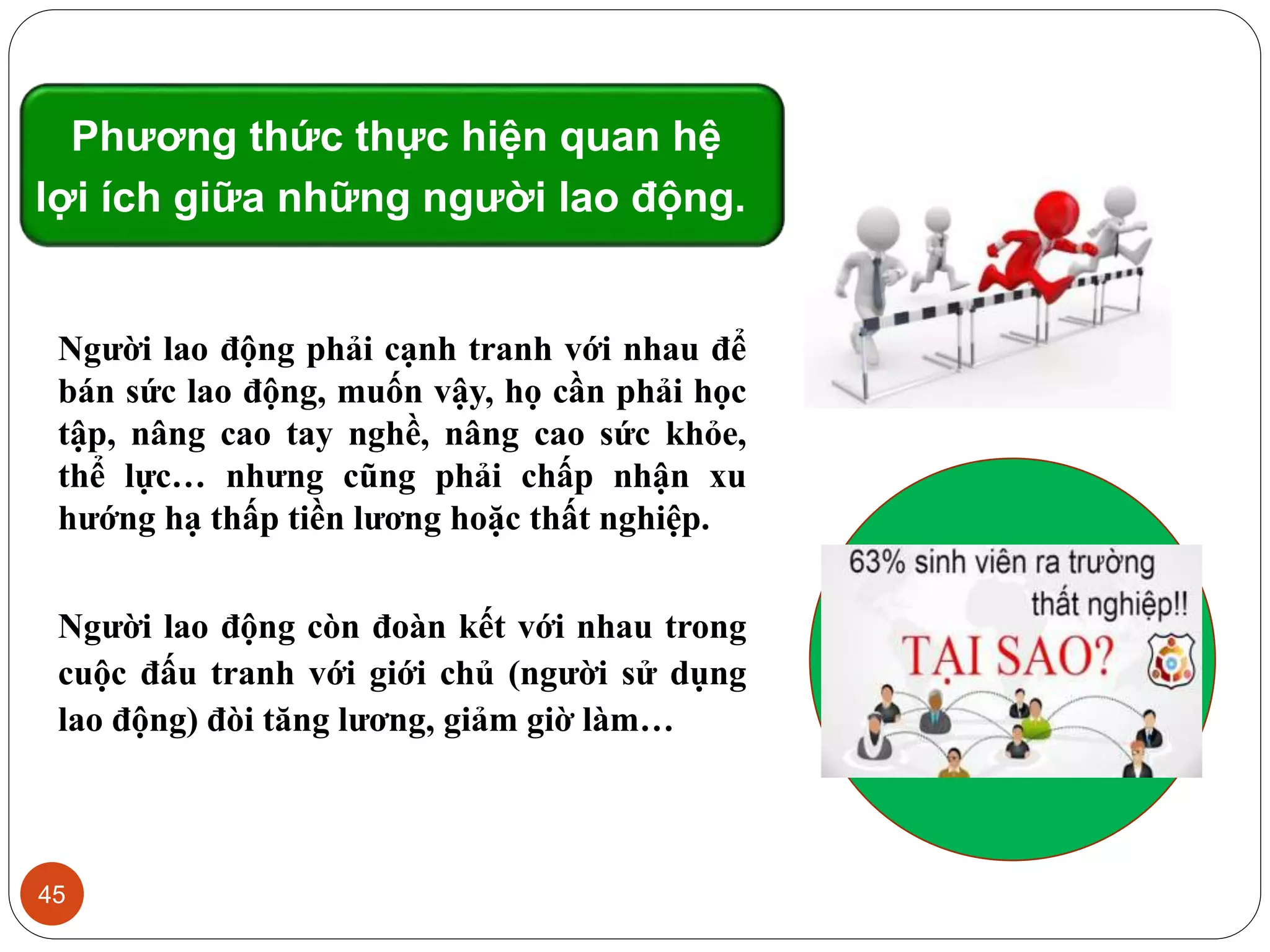 45
Phương thức thực hiện quan hệ
lợi ích giữa những người lao động.
Người lao động còn đoàn kết với nhau trong
cuộc đấu tranh với giới chủ (người sử dụng
lao động) đòi tăng lương, giảm giờ làm…
Người lao động phải cạnh tranh với nhau để
bán sức lao động, muốn vậy, họ cần phải học
tập, nâng cao tay nghề, nâng cao sức khỏe,
thể lực… nhưng cũng phải chấp nhận xu
hướng hạ thấp tiền lương hoặc thất nghiệp.
 