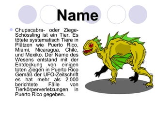 Name
 Chupacabra- oder Ziege-
  Schössling ist ein Tier. Es
  tötete systematisch Tiere in
  Plätzen wie Puerto Rico,
  Miami, Nicaragua, Chile,
  und Mexiko. Der Name des
  Wesens entstand mit der
  Entdeckung von einigen
  toten Ziegen in Puerto Rico
  Gemäß der UFO-Zeitschrift
  es hat mehr als 2.000
  berichtete     Fälle    von
  Tierkörperverletzungen in
  Puerto Rico gegeben.
 