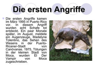 Die ersten Angriffe
 Die ersten Angriffe kamen
  im März 1995 in Puerto Rico
  vor. In diesem Angriff
  wurden acht Schafe tot
  entdeckt. Ein paar Monate
  später, im August, meldete
  ein Augenzeuge, Madelyne
  Tolentino, das Sehen des
  Wesens in der Puerto-
  Ricaner-Stadt           von
  Canóvanas. 1975, Tötungen
  in der kleinen Stadt von
  Moca, wurden El Der
  Vampir       von      Moca
  zugeschrieben.
 