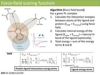 Force-field scoring function
                                             Algorithm (force field based)
                                             For a given PL complex
                                             1. Calculate the interaction energies
                                                 between atoms of the ligand and
                                                 protein (EvdW + EH-bond) using force
                                                 field.
                                             2. Calculate internal energy of the
                                                 ligand (Ewdw + Etorsion) + internal H-
                                                 bond of the ligand (optionally).
                                             3. Total energy = sum of the energy
                                                 terms 2 and 3




            Protein-ligand interactions energy terms            Ligand energy terms
                                                                                   11
DOI:10.1038/nrd1549                                    Vladimir Chupakhin, UNISTRA, 2011
 