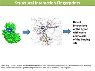 Structural Interaction Fingerprints



                                                                                               Detect
                                                                                               interactions
                                                                                               of the ligand
                                                                                               with every
                                                                                               amino acid
                                                                                               of the binding
                                                                                               site




Zhan Deng, Claudio Chuaqui, and Juswinder Singh Structural Interaction Fingerprint (SIFt): A Novel Method for Analyzing
Three-Dimensional Protein−Ligand Binding Interactions (DOI: 10.1021/jm030331x), Biogen Inc.
 