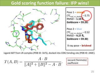 Gold scoring function failure: IFP wins!
                                                            Pose 1 – orange
                                                            (TCreal_vs_docked – 0.75
                                                            RMSD – 1.10 Å,
                                                            Goldscore = 59.20)

                                                            Pose 2 – blue
                                                            (TCreal_vs_docked – 0.52
                                                            RMSD – 4.27 Å,
                                                            Goldscore = 59.30)

                                                             X-ray pose – brickred

Ligand A07 from LR-complex (PDB ID: 3LFS), docked into CDK2 binding site (PDB ID: 2A0C).

                                                             Jaccard (Tanimoto)
                                                             coefficient


                                                                                       25
                                                       Vladimir Chupakhin, UNISTRA, 2011
 